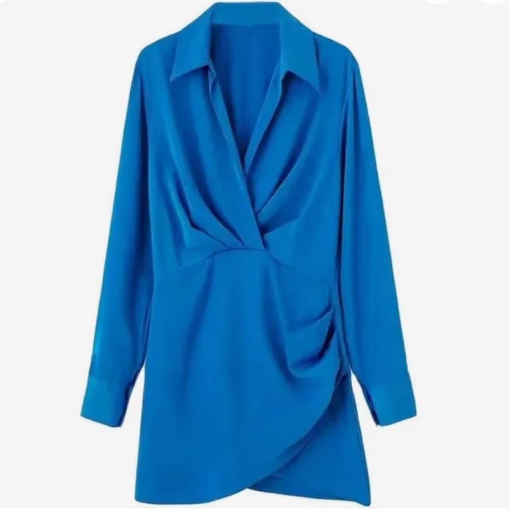 Women's Blue Gathered Satin Mini Dress